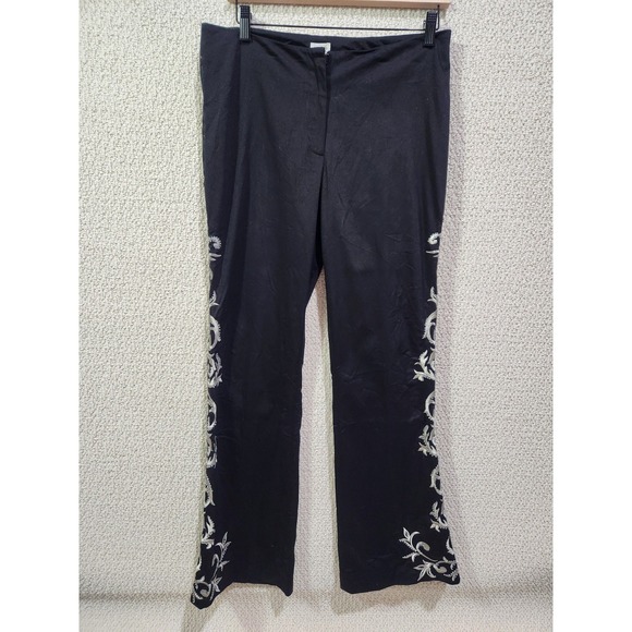 Cache Black Embroidered Beaded Floral Side Seam Flare Rockabilly Pants SZ 8 - Picture 1 of 9